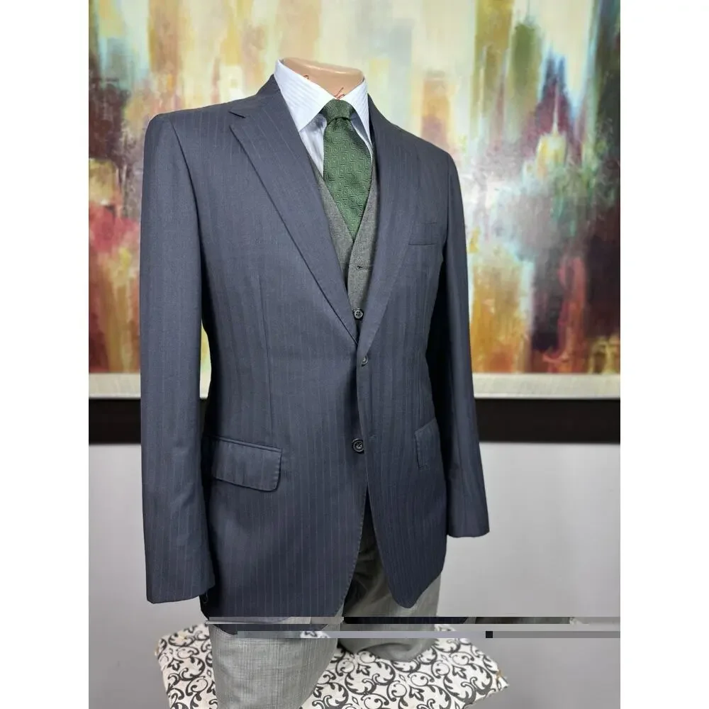 SARTORIO NAPOLI by KITON Italy 40R Blue Herringbone Stripe Wool Blazer 50IT Slim